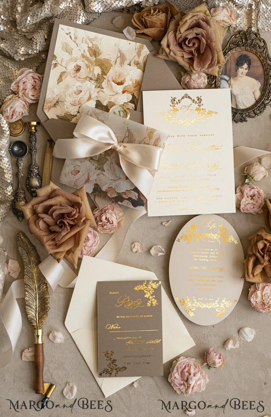 WEDDING INVITATIONS Vintage Baroque Vintage Baroque Wedding Invitation suite Beige Golden Fine art Roses Wedding Invitations with rsvp Victorian wedding crest Chinoiserie Invites Royal Ornamental frame