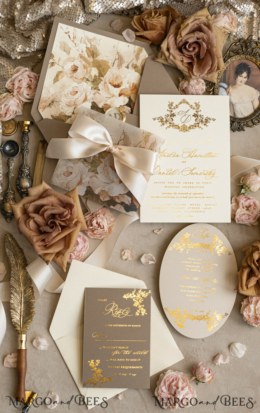 WEDDING INVITATIONS Vintage Baroque Vintage Baroque Wedding Invitation suite Beige Golden Fine art Roses Wedding Invitations with rsvp Victorian wedding crest Chinoiserie Invites Royal Ornamental frame