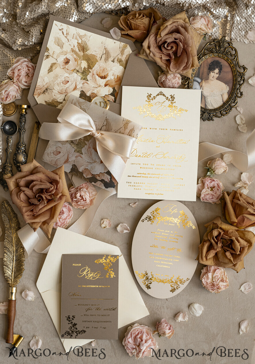 WEDDING INVITATIONS Vintage Baroque Vintage Baroque Wedding Invitation suite Beige Golden Fine art Roses Wedding Invitations with rsvp Victorian wedding crest Chinoiserie Invites Royal Ornamental frame