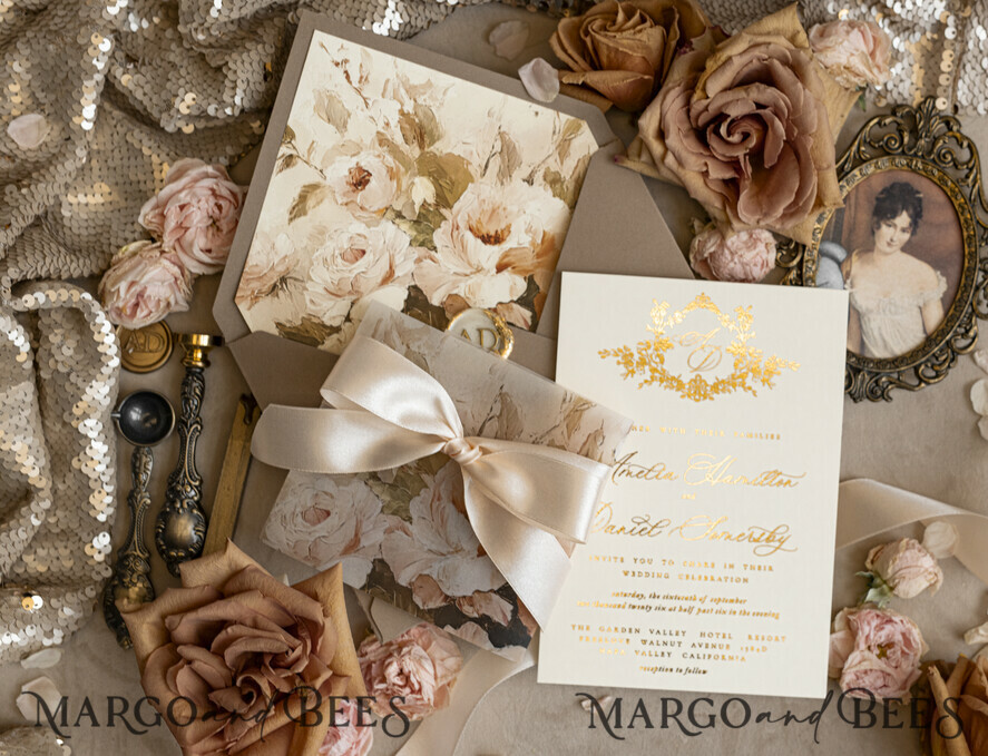 WEDDING INVITATIONS Vintage Baroque Vintage Baroque Wedding Invitation suite Beige Golden Fine art Roses Wedding Invitations with rsvp Victorian wedding crest Chinoiserie Invites Royal Ornamental frame