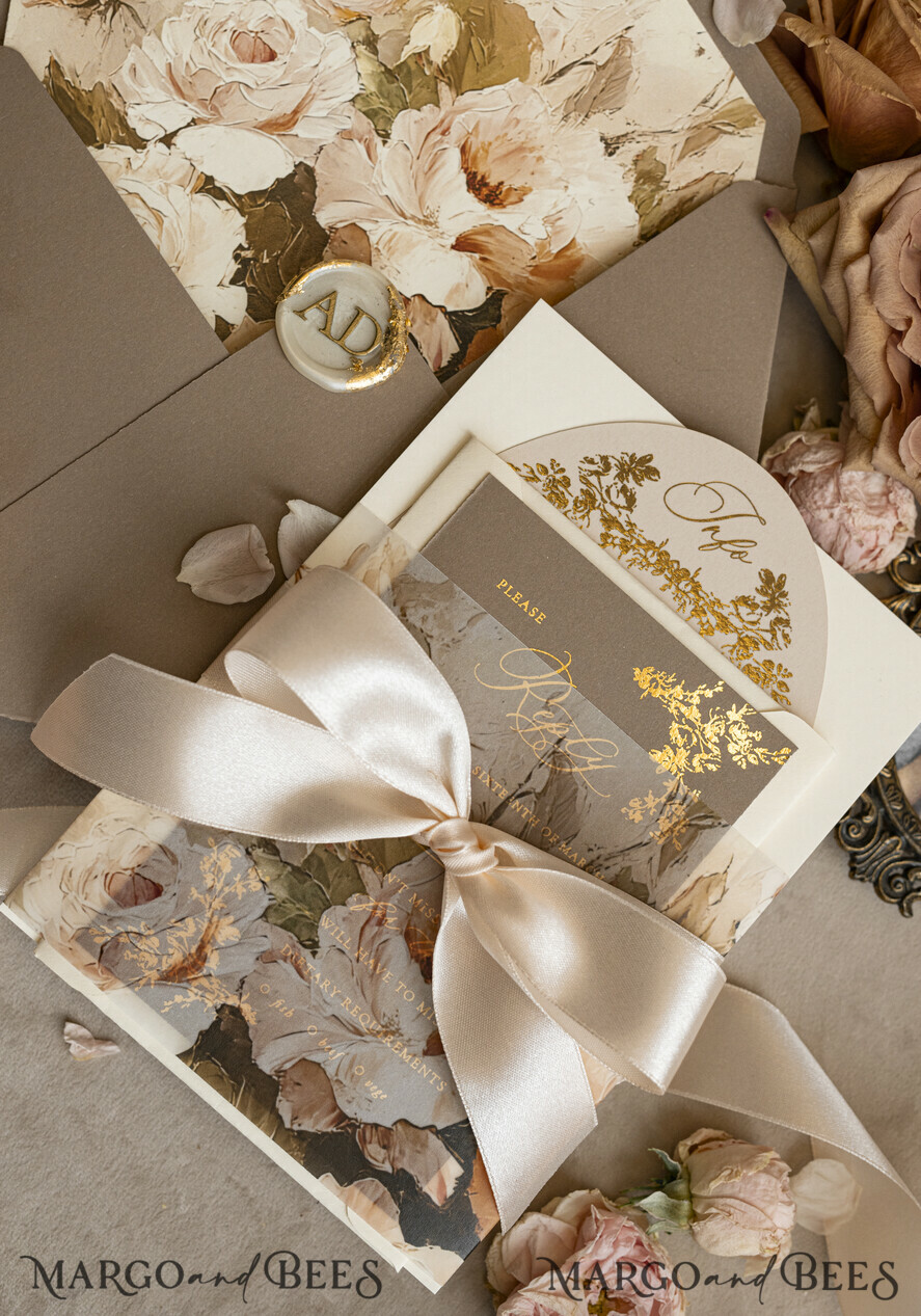 WEDDING INVITATIONS Vintage Baroque Vintage Baroque Wedding Invitation suite Beige Golden Fine art Roses Wedding Invitations with rsvp Victorian wedding crest Chinoiserie Invites Royal Ornamental frame