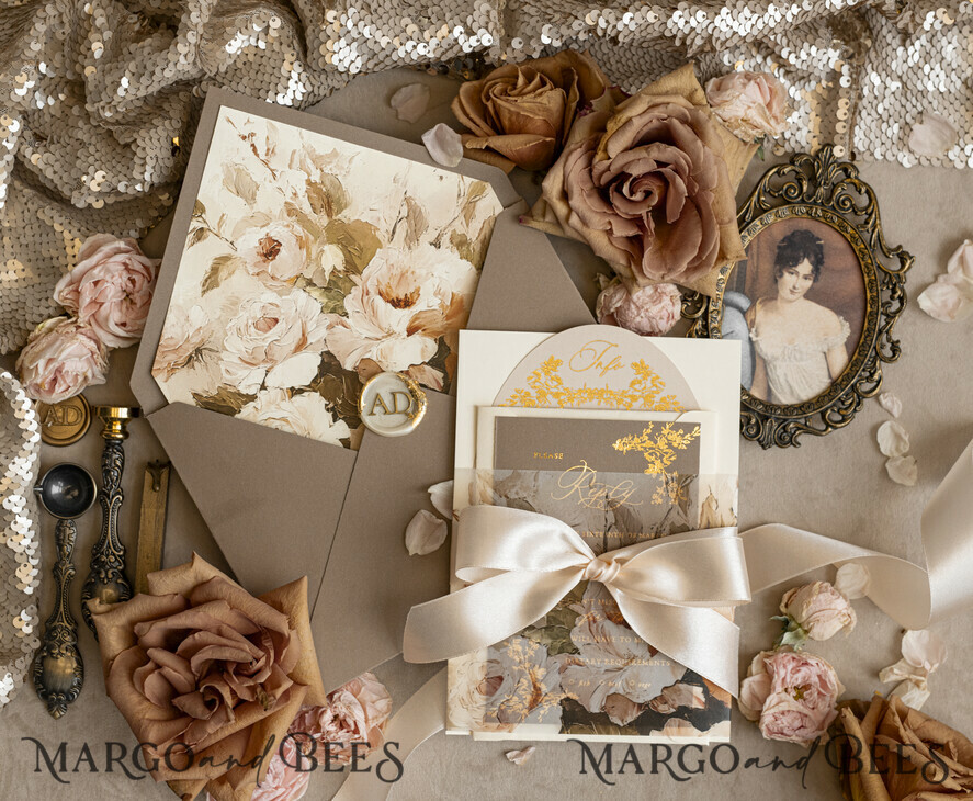 WEDDING INVITATIONS Vintage Baroque Vintage Baroque Wedding Invitation suite Beige Golden Fine art Roses Wedding Invitations with rsvp Victorian wedding crest Chinoiserie Invites Royal Ornamental frame
