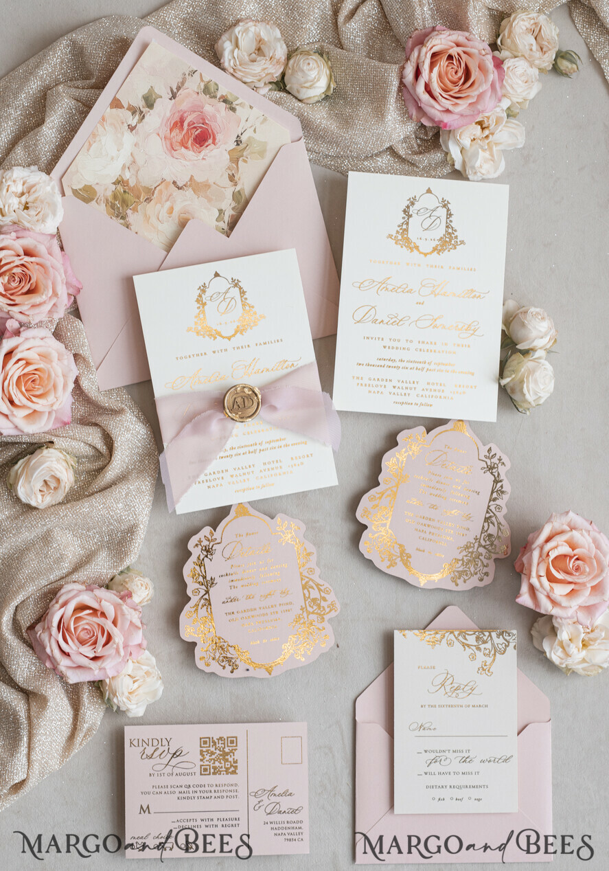WEDDING INVITATIONS Vintage Baroque Vintage Baroque Wedding Invitation suite Beige Golden Fine art Roses Wedding Invitations with rsvp Victorian wedding crest Chinoiserie Invites Royal Ornamental frame