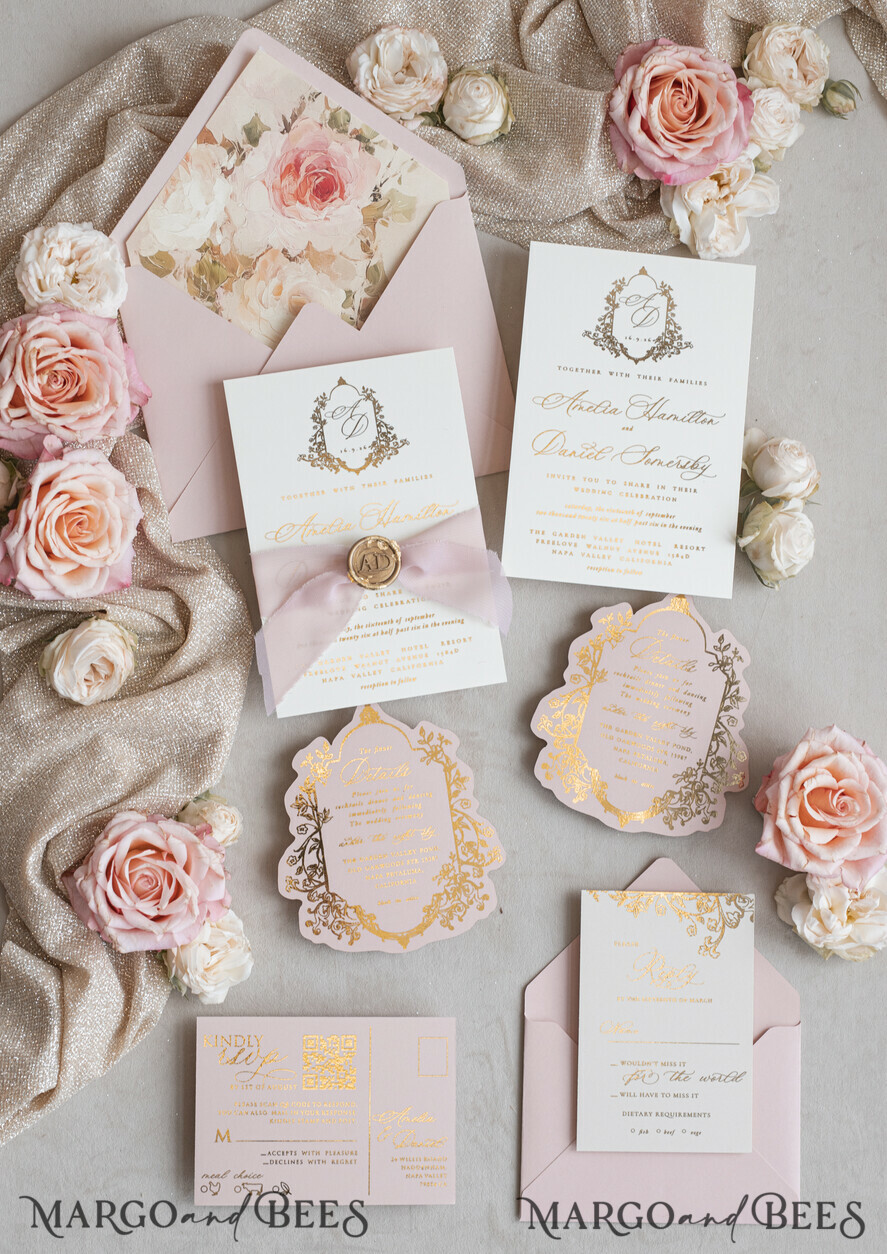 WEDDING INVITATIONS Vintage Baroque Vintage Baroque Wedding Invitation suite Beige Golden Fine art Roses Wedding Invitations with rsvp Victorian wedding crest Chinoiserie Invites Royal Ornamental frame