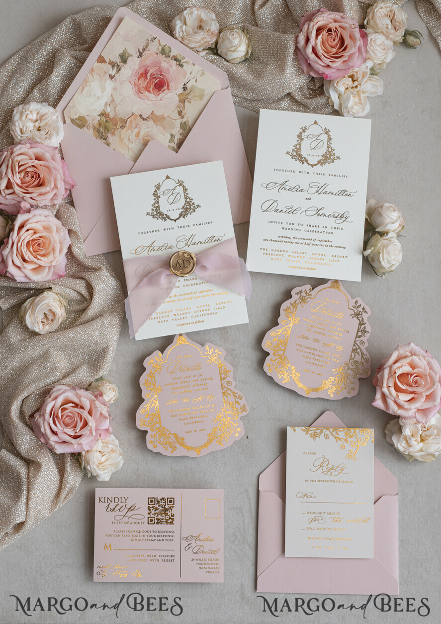 WEDDING INVITATIONS Vintage Baroque Vintage Baroque Wedding Invitation suite Beige Golden Fine art Roses Wedding Invitations with rsvp Victorian wedding crest Chinoiserie Invites Royal Ornamental frame