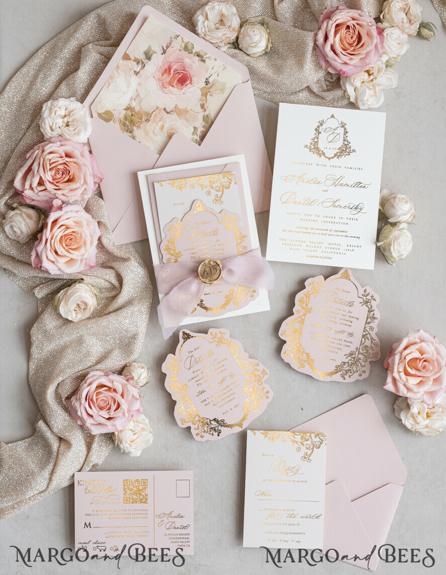WEDDING INVITATIONS Vintage Baroque Vintage Baroque Wedding Invitation suite Beige Golden Fine art Roses Wedding Invitations with rsvp Victorian wedding crest Chinoiserie Invites Royal Ornamental frame