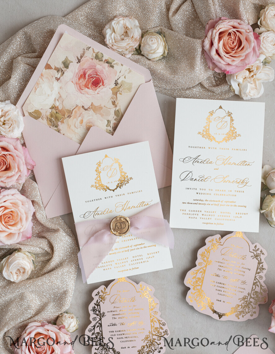 WEDDING INVITATIONS Vintage Baroque Vintage Baroque Wedding Invitation suite Beige Golden Fine art Roses Wedding Invitations with rsvp Victorian wedding crest Chinoiserie Invites Royal Ornamental frame