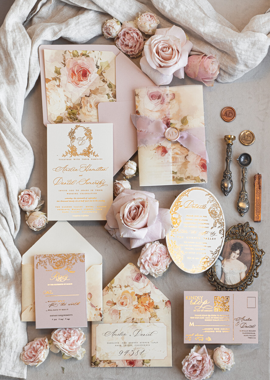 WEDDING INVITATIONS Vintage Baroque Vintage Baroque Wedding Invitation suite Beige Golden Fine art Roses Wedding Invitations with rsvp Victorian wedding crest Chinoiserie Invites Royal Ornamental frame