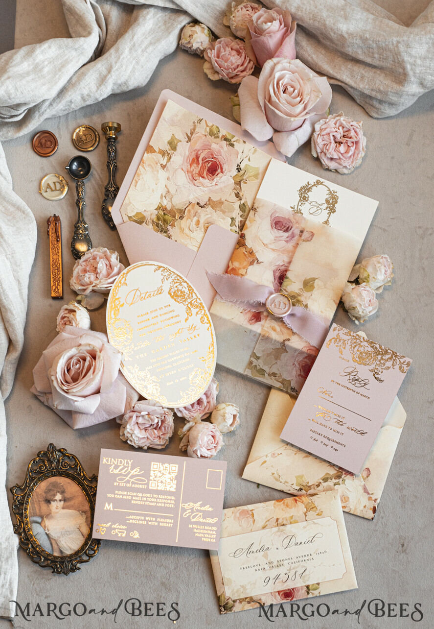 WEDDING INVITATIONS Vintage Baroque Vintage Baroque Wedding Invitation suite Beige Golden Fine art Roses Wedding Invitations with rsvp Victorian wedding crest Chinoiserie Invites Royal Ornamental frame