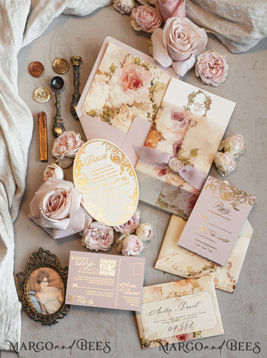 WEDDING INVITATIONS Vintage Baroque Vintage Baroque Wedding Invitation suite Beige Golden Fine art Roses Wedding Invitations with rsvp Victorian wedding crest Chinoiserie Invites Royal Ornamental frame