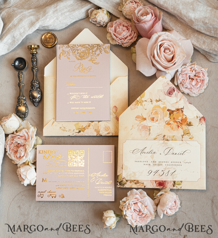 WEDDING INVITATIONS Vintage Baroque Vintage Baroque Wedding Invitation suite Beige Golden Fine art Roses Wedding Invitations with rsvp Victorian wedding crest Chinoiserie Invites Royal Ornamental frame
