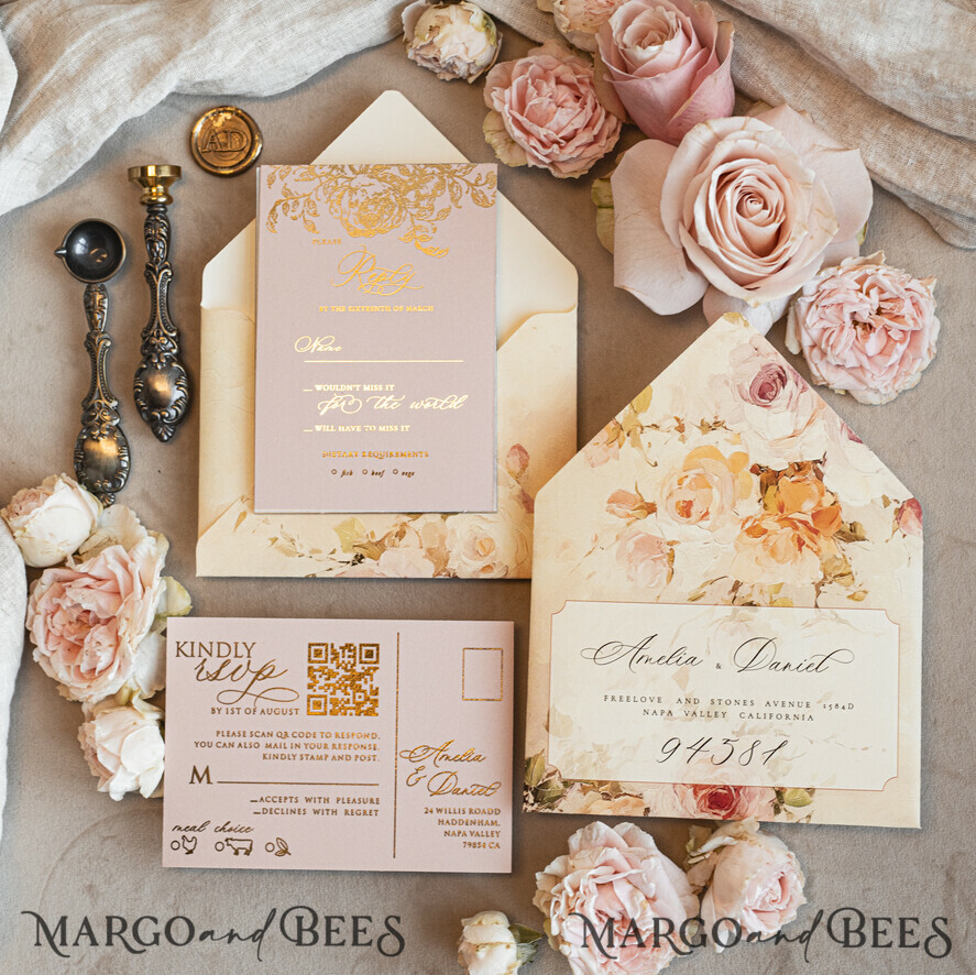 WEDDING INVITATIONS Vintage Baroque Vintage Baroque Wedding Invitation suite Beige Golden Fine art Roses Wedding Invitations with rsvp Victorian wedding crest Chinoiserie Invites Royal Ornamental frame