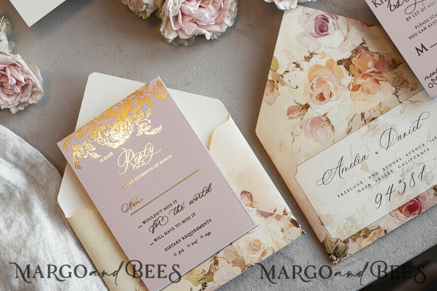 WEDDING INVITATIONS Vintage Baroque Vintage Baroque Wedding Invitation suite Beige Golden Fine art Roses Wedding Invitations with rsvp Victorian wedding crest Chinoiserie Invites Royal Ornamental frame