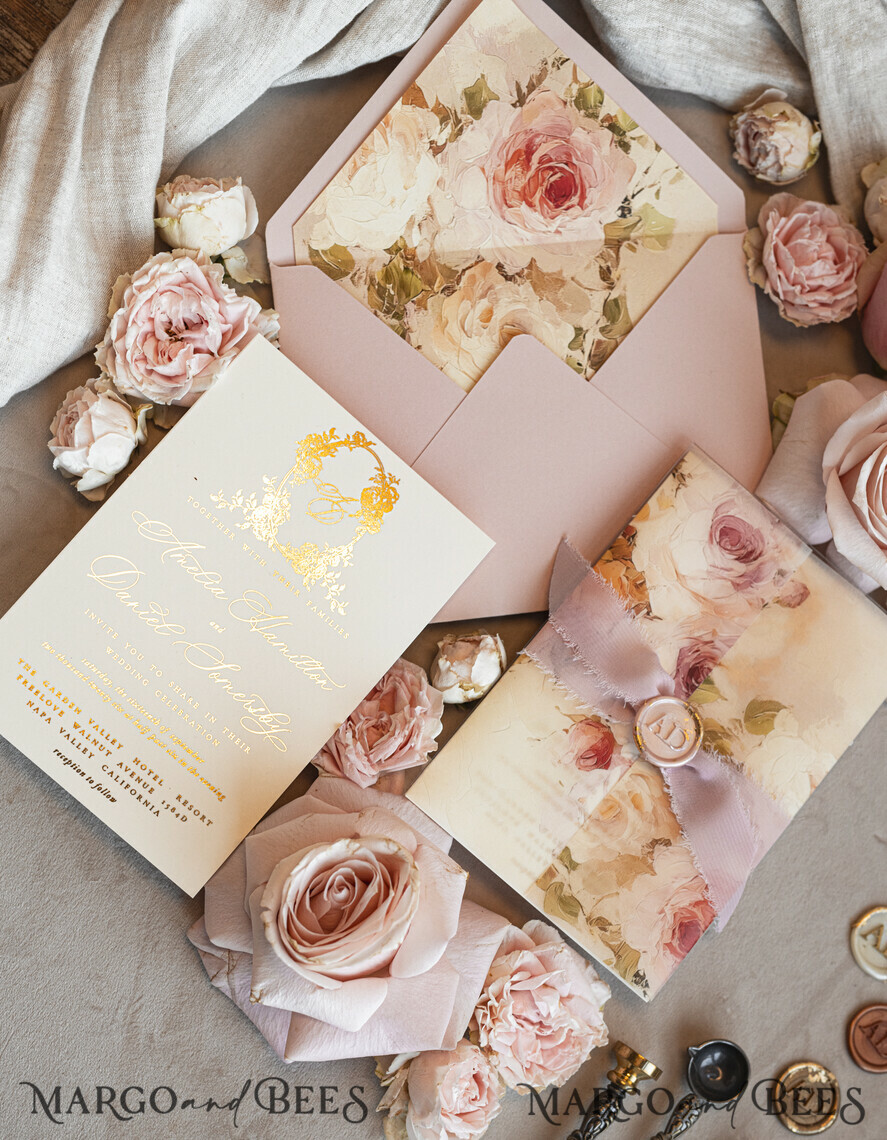 WEDDING INVITATIONS Vintage Baroque Vintage Baroque Wedding Invitation suite Beige Golden Fine art Roses Wedding Invitations with rsvp Victorian wedding crest Chinoiserie Invites Royal Ornamental frame