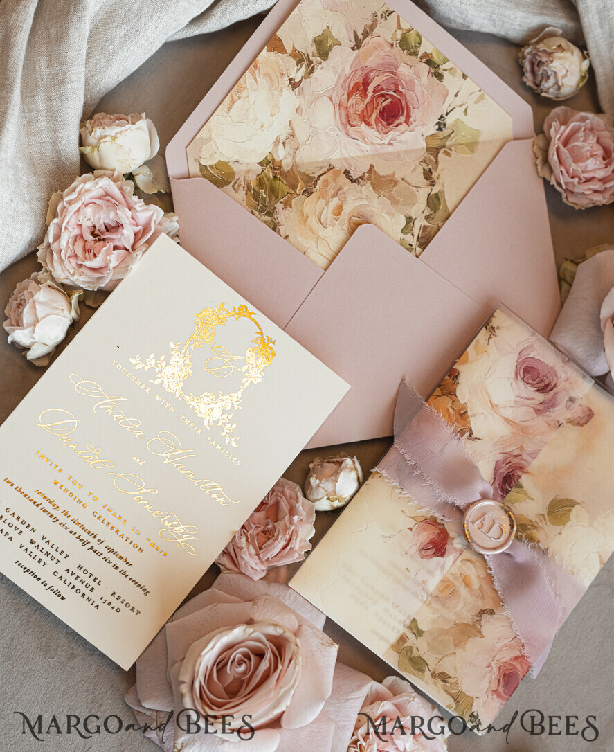 WEDDING INVITATIONS Vintage Baroque Vintage Baroque Wedding Invitation suite Beige Golden Fine art Roses Wedding Invitations with rsvp Victorian wedding crest Chinoiserie Invites Royal Ornamental frame
