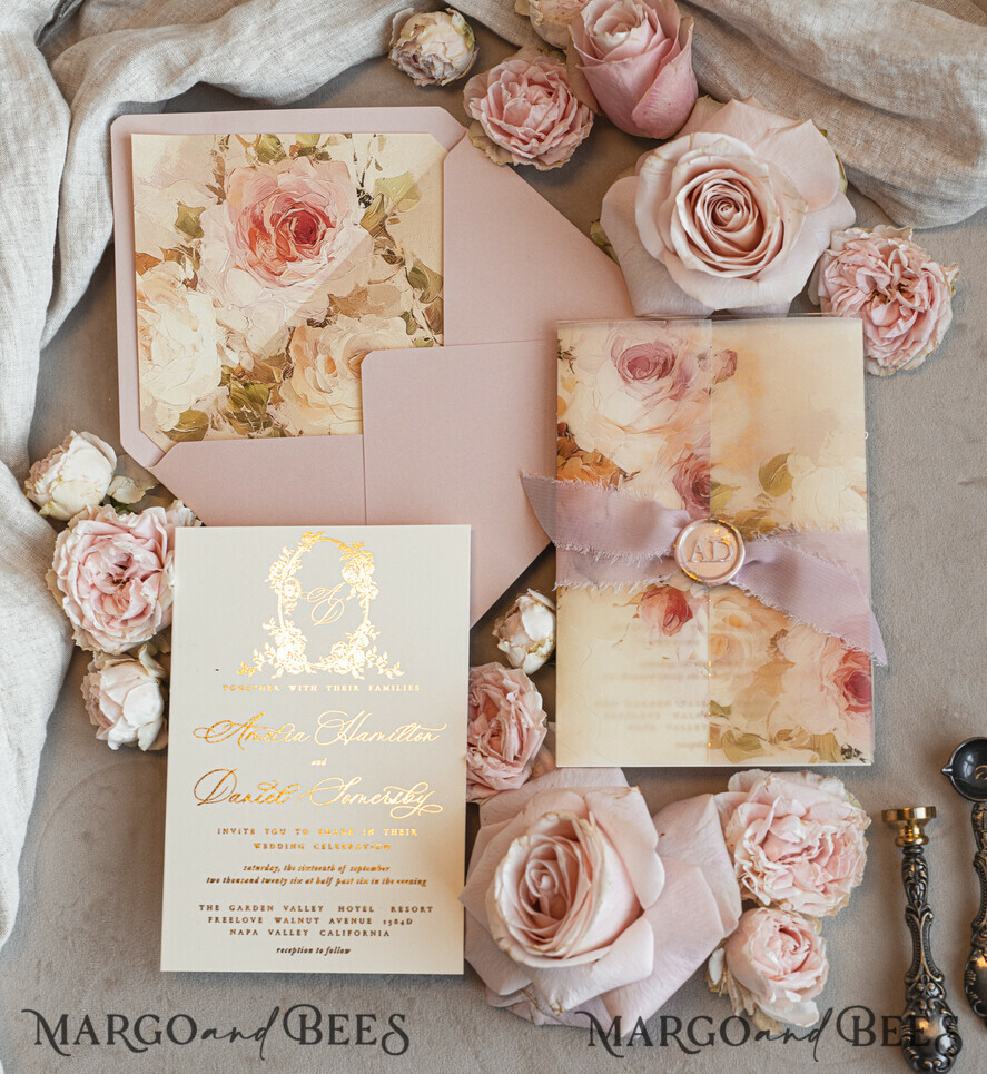 WEDDING INVITATIONS Vintage Baroque Vintage Baroque Wedding Invitation suite Beige Golden Fine art Roses Wedding Invitations with rsvp Victorian wedding crest Chinoiserie Invites Royal Ornamental frame