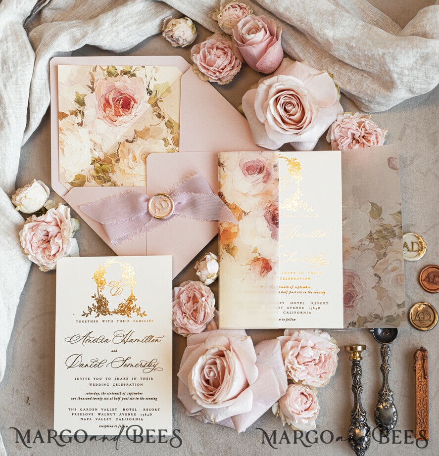 WEDDING INVITATIONS Vintage Baroque Vintage Baroque Wedding Invitation suite Beige Golden Fine art Roses Wedding Invitations with rsvp Victorian wedding crest Chinoiserie Invites Royal Ornamental frame