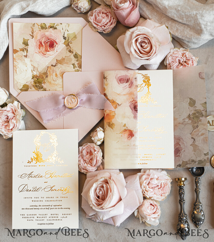 WEDDING INVITATIONS Vintage Baroque Vintage Baroque Wedding Invitation suite Beige Golden Fine art Roses Wedding Invitations with rsvp Victorian wedding crest Chinoiserie Invites Royal Ornamental frame
