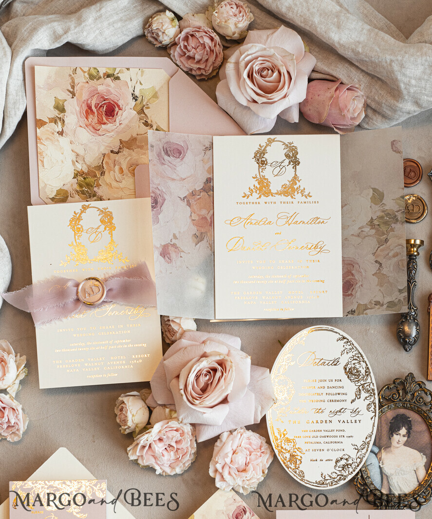 WEDDING INVITATIONS Vintage Baroque Vintage Baroque Wedding Invitation suite Beige Golden Fine art Roses Wedding Invitations with rsvp Victorian wedding crest Chinoiserie Invites Royal Ornamental frame