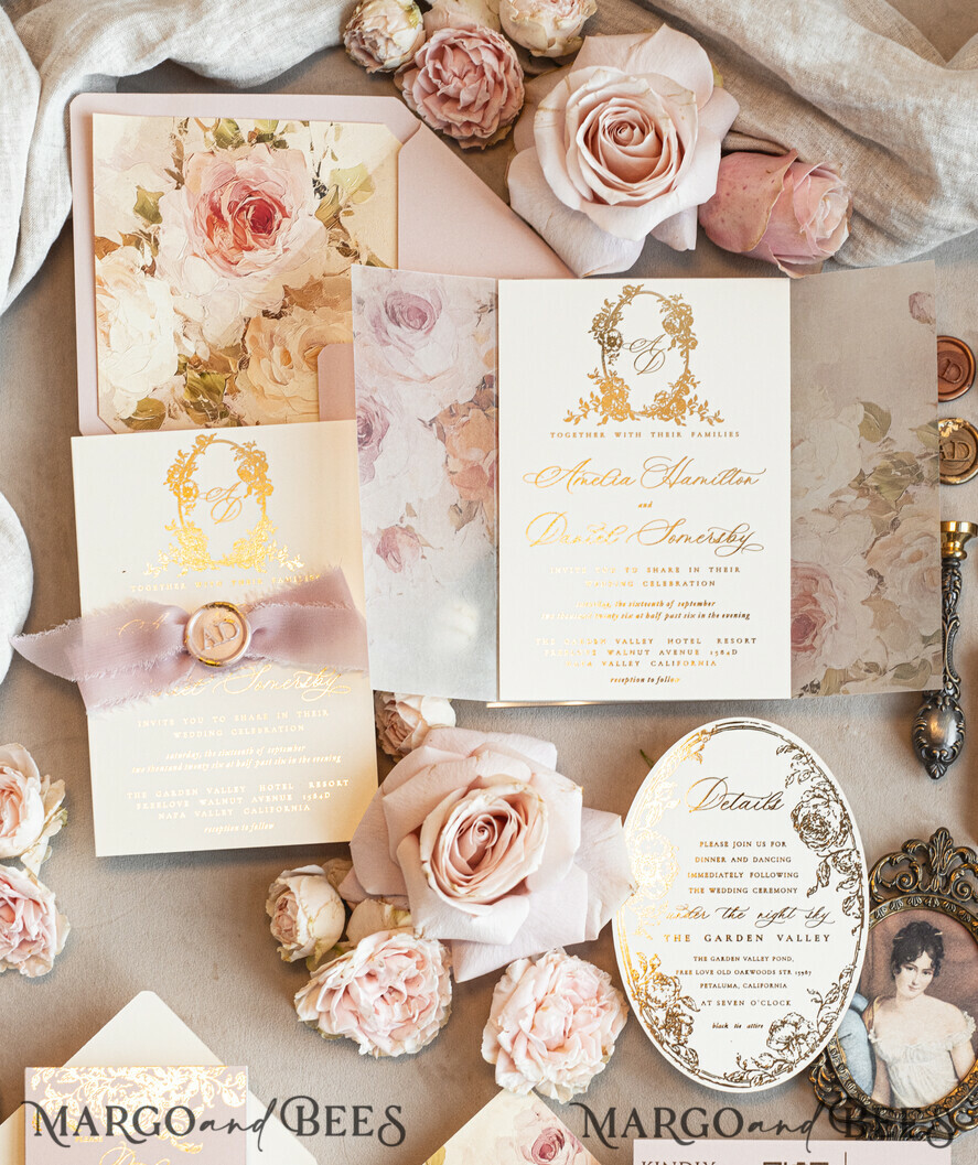 WEDDING INVITATIONS Vintage Baroque Vintage Baroque Wedding Invitation suite Beige Golden Fine art Roses Wedding Invitations with rsvp Victorian wedding crest Chinoiserie Invites Royal Ornamental frame