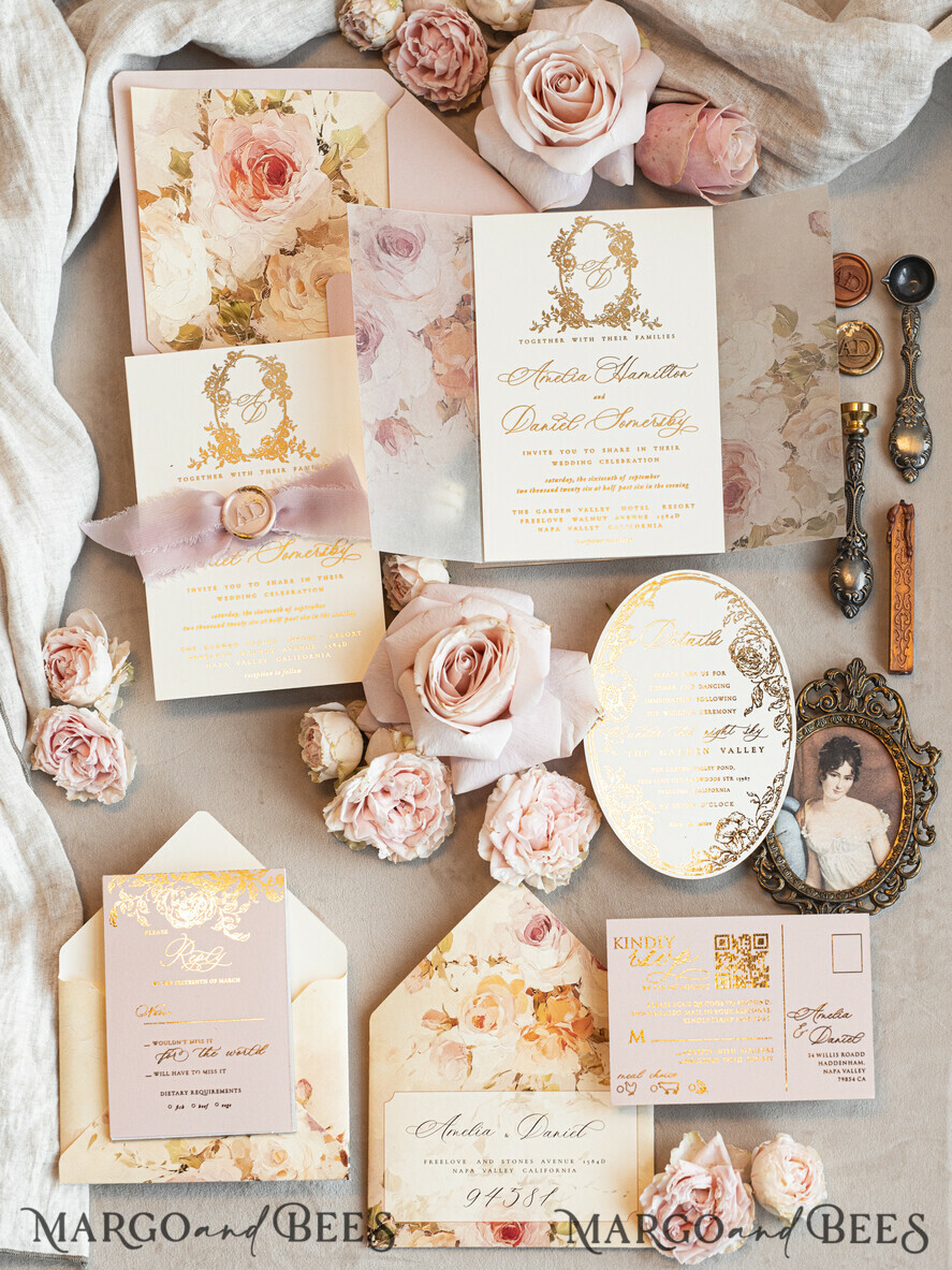 WEDDING INVITATIONS Vintage Baroque Vintage Baroque Wedding Invitation suite Beige Golden Fine art Roses Wedding Invitations with rsvp Victorian wedding crest Chinoiserie Invites Royal Ornamental frame