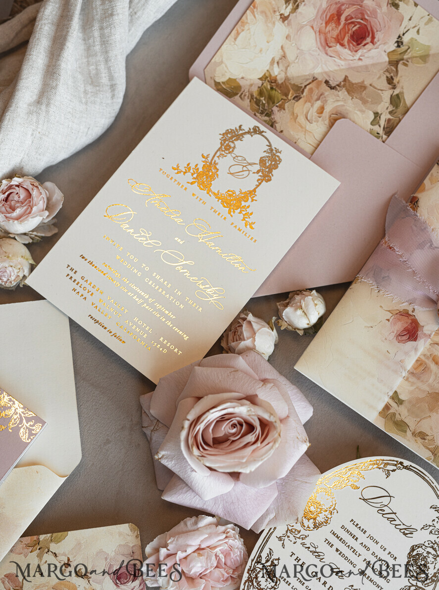 WEDDING INVITATIONS Vintage Baroque Vintage Baroque Wedding Invitation suite Beige Golden Fine art Roses Wedding Invitations with rsvp Victorian wedding crest Chinoiserie Invites Royal Ornamental frame