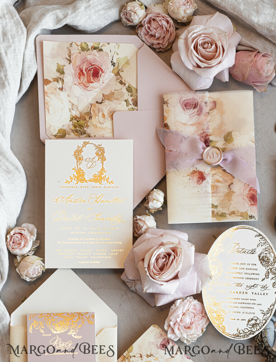 WEDDING INVITATIONS Vintage Baroque Vintage Baroque Wedding Invitation suite Beige Golden Fine art Roses Wedding Invitations with rsvp Victorian wedding crest Chinoiserie Invites Royal Ornamental frame