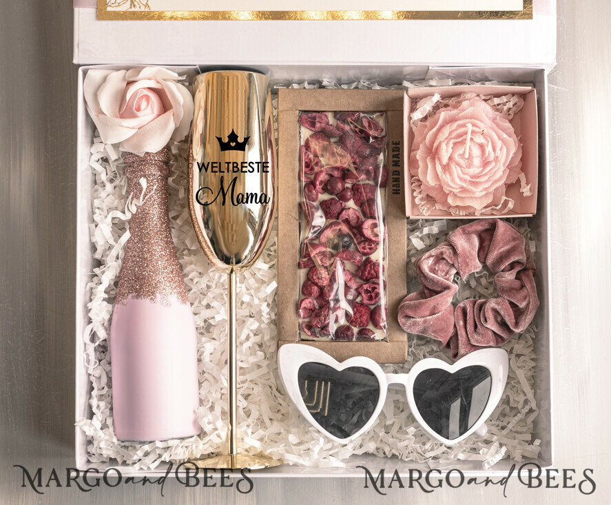 Geschenke zum Muttertag Geschenkset Entspannung Geschenkidee zum Muttertag – Geschenkbox mit Blumen, Rosé Sekt, Herzbrille & Champagnerglas für Mama