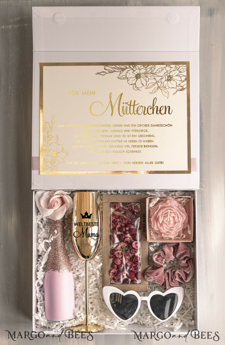 Geschenke zum Muttertag Geschenkset Entspannung Geschenkidee zum Muttertag – Geschenkbox mit Blumen, Rosé Sekt, Herzbrille & Champagnerglas für Mama