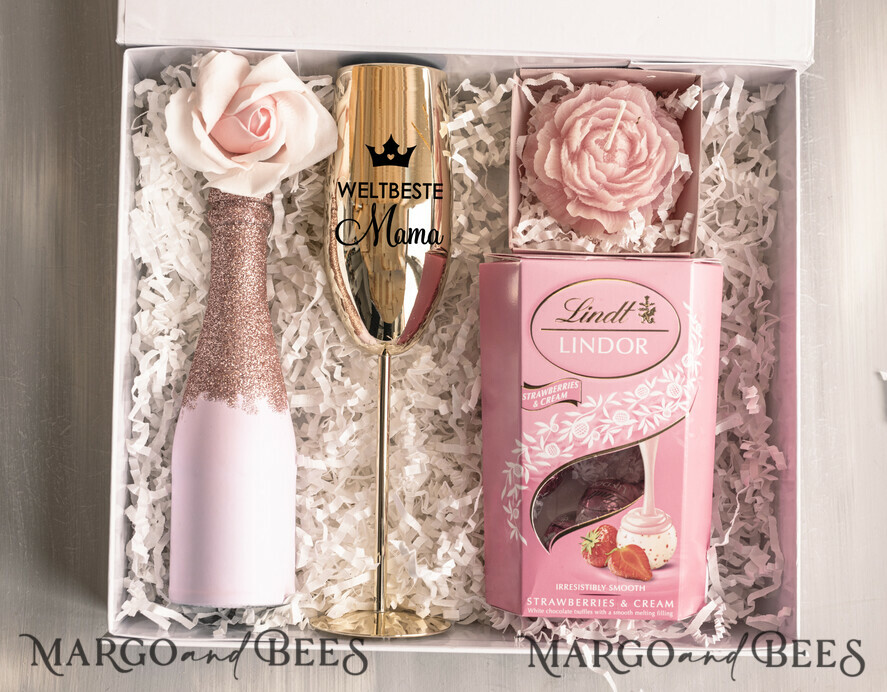 Geschenke zum Muttertag Geschenkset Entspannung Edles Muttertagsgeschenk: Geschenkbox mit Lindor Pralinen, glitzerndem Sekt, Rosenkerze & Champagnerglas – liebevolle Überraschung für Mama