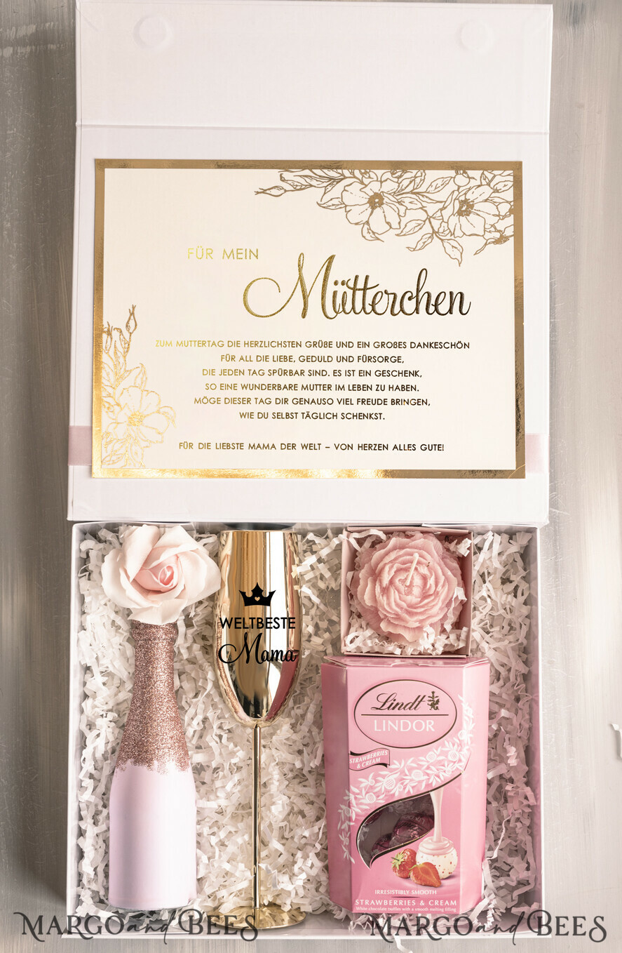 Geschenke zum Muttertag Geschenkset Entspannung Edles Muttertagsgeschenk: Geschenkbox mit Lindor Pralinen, glitzerndem Sekt, Rosenkerze & Champagnerglas – liebevolle Überraschung für Mama
