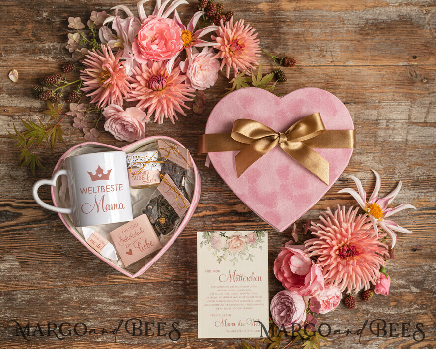 Geschenke zum Muttertag Muttertagsbox in Herzform Geschenkbox Herz für Mama mit Tasse, Kaffee, Tee, Honig & Grußkarte – stilvolles Muttertagsgeschenk, fertig verpackt und liebevoll gestaltet