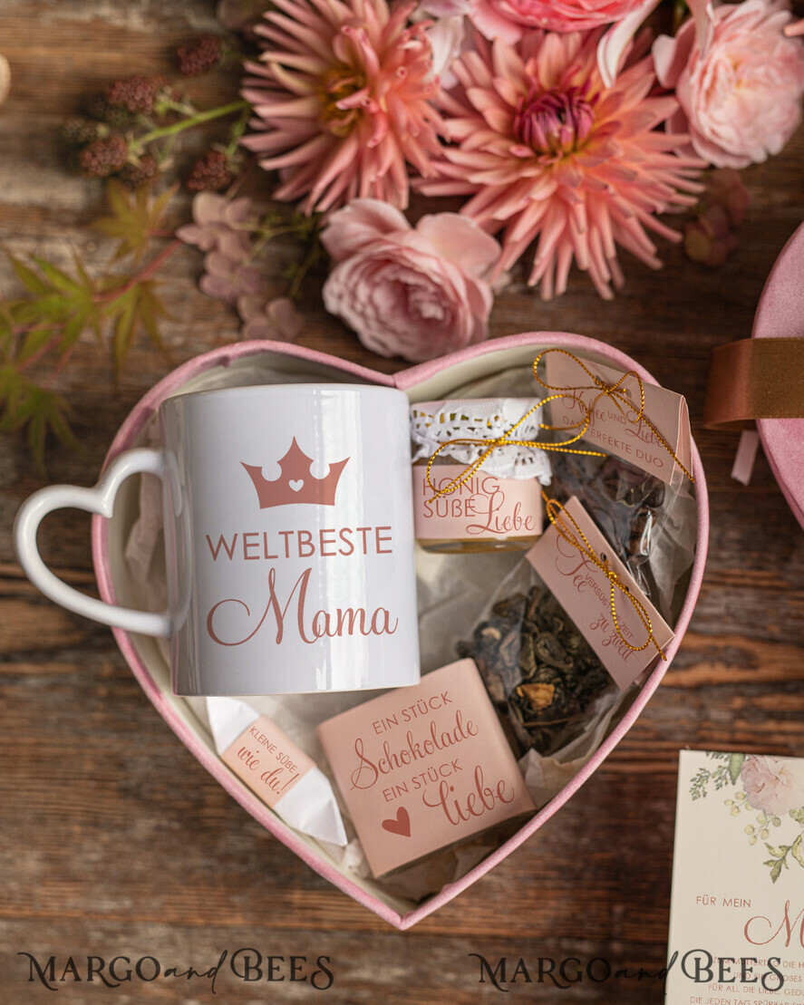 Geschenke zum Muttertag Muttertagsbox in Herzform Geschenkbox Herz für Mama mit Tasse, Kaffee, Tee, Honig & Grußkarte – stilvolles Muttertagsgeschenk, fertig verpackt und liebevoll gestaltet