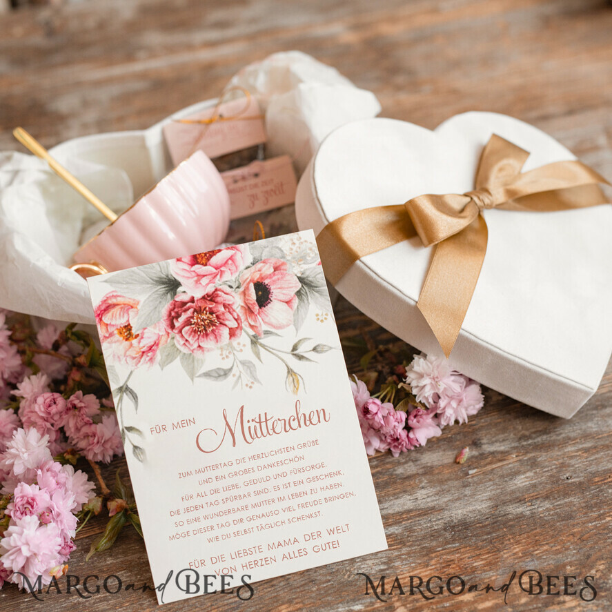 Geschenke zum Muttertag Muttertagsbox in Herzform Geschenkbox Herz für Mama mit Tasse, Kaffee, Tee, Schokolade, Rose & Grußkarte – stilvolles Muttertagsgeschenk, fertig verpackt und liebevoll gestaltet