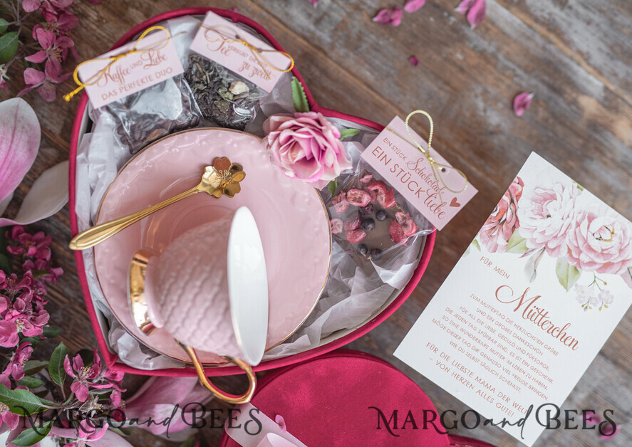 Geschenke zum Muttertag Muttertagsbox in Herzform Geschenkbox Herz für Mama mit Tasse, Kaffee, Tee, Honig & Grußkarte – stilvolles Muttertagsgeschenk, fertig verpackt und liebevoll gestaltet