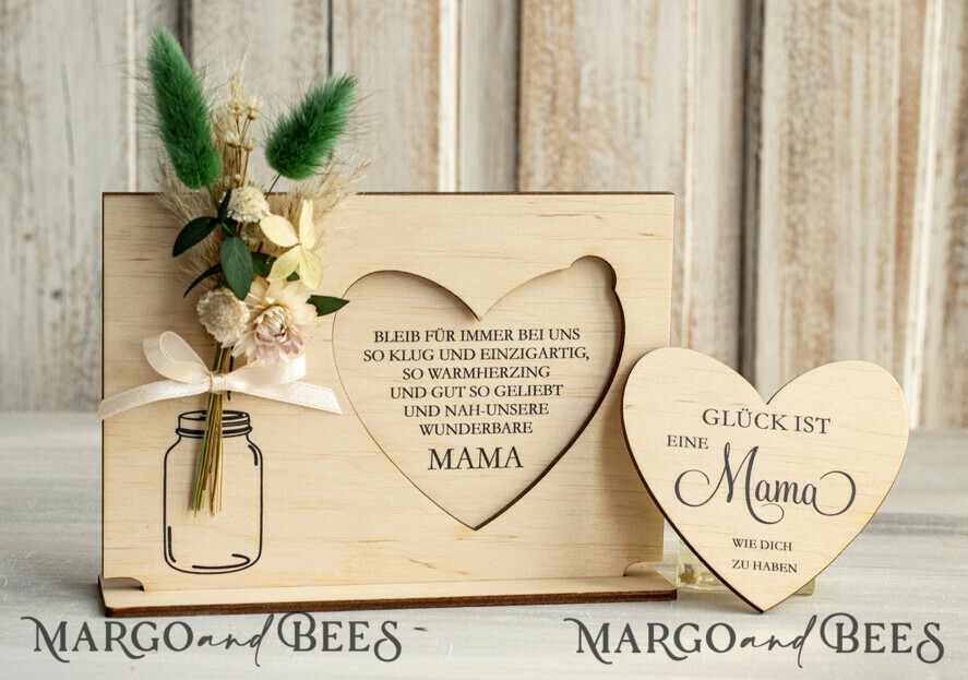 Geschenke zum Muttertag Grußkarten für Mama Geschenkidee zum Muttertag Holz-Statuette mit Widmung & Trockenblumen – Muttertagskarte mit Herz