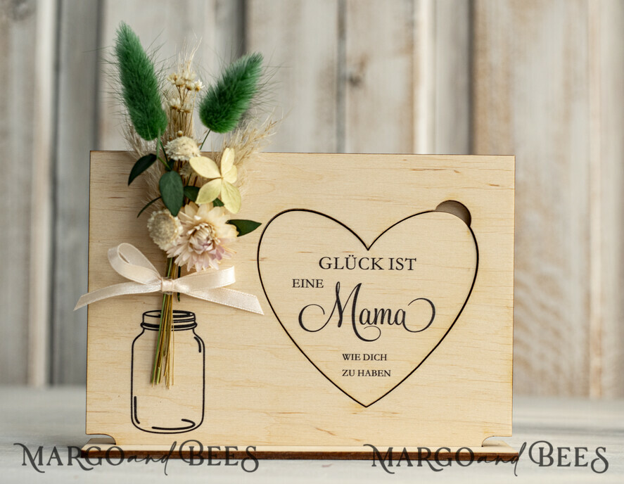 Geschenke zum Muttertag Grußkarten für Mama Geschenkidee zum Muttertag Holz-Statuette mit Widmung & Trockenblumen – Muttertagskarte mit Herz