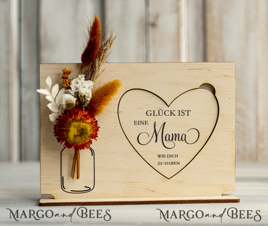 Geschenke zum Muttertag Grußkarten für Mama Geschenkidee zum Muttertag Holz-Statuette mit Widmung & Trockenblumen – Muttertagskarte mit Herz