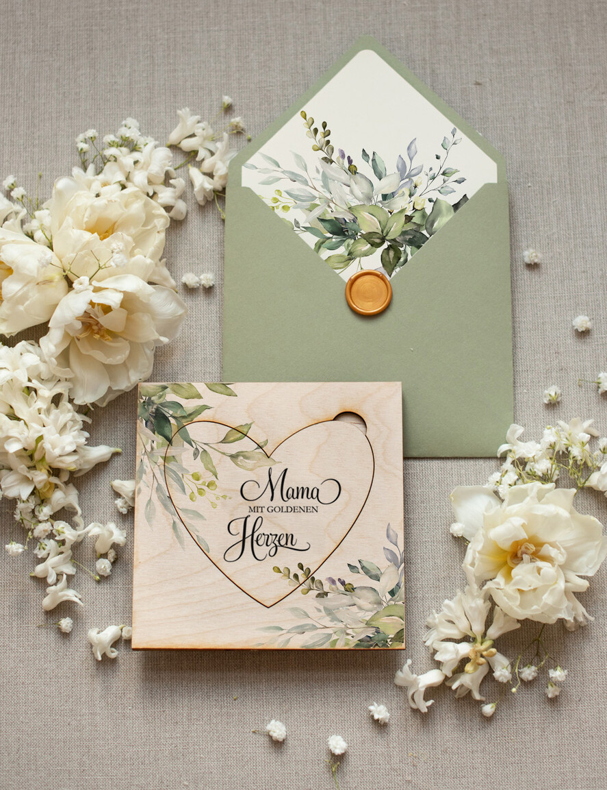 Geschenke zum Muttertag Grußkarten für Mama Holzkarte mit Herz für Mama – Geschenkidee zum Muttertag mit Umschlag & Siegel