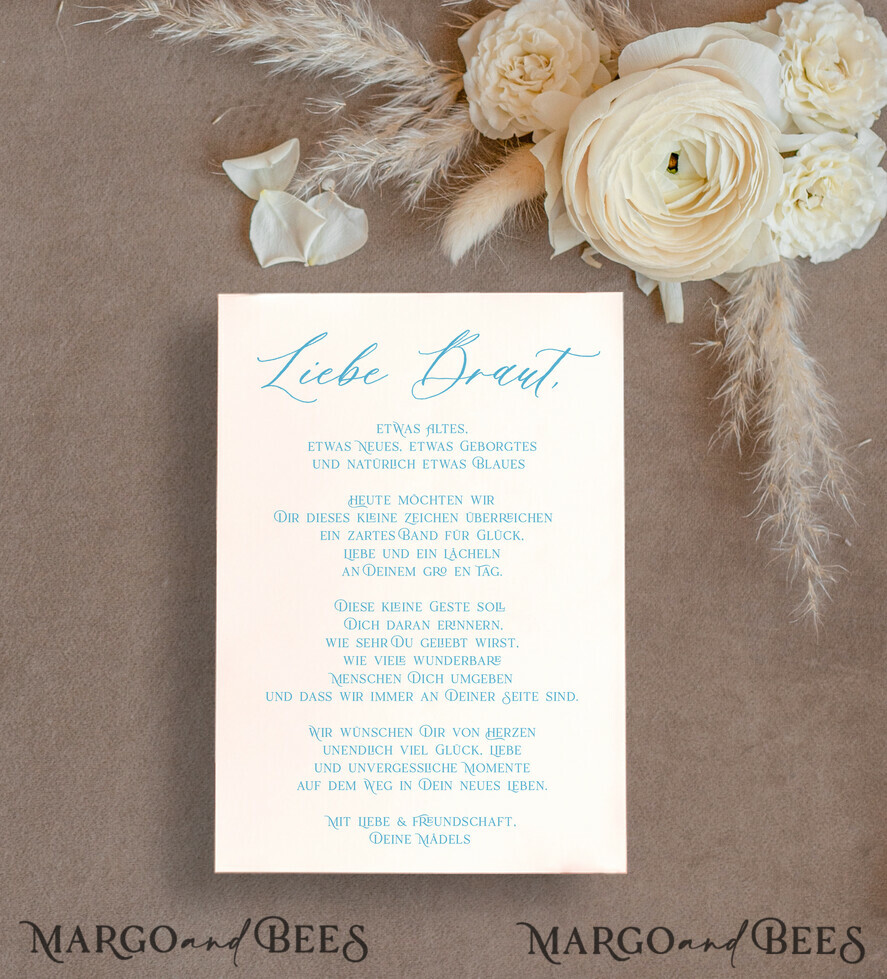 BRIDE bolero, robes, garter Geschenkidee für die Braut Strumpfband Romantisches Strumpfband in Hellblau mit Spitze, Perlenbrosche und Grußkarte in Geschenkbox