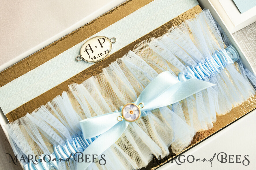 BRIDE bolero, robes, garter Geschenkidee für die Braut Strumpfband Strumpfband – die besondere Geschenkidee für die Braut getrockneten Vergissmeinnicht-Blüte