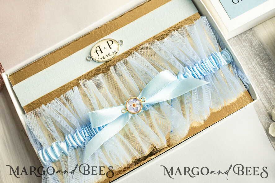 BRIDE bolero, robes, garter Geschenkidee für die Braut Strumpfband Strumpfband – die besondere Geschenkidee für die Braut getrockneten Vergissmeinnicht-Blüte