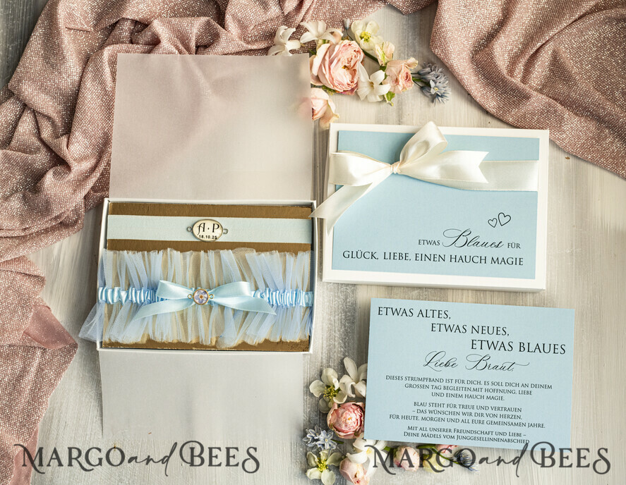 BRIDE bolero, robes, garter Geschenkidee für die Braut Strumpfband Strumpfband – die besondere Geschenkidee für die Braut getrockneten Vergissmeinnicht-Blüte