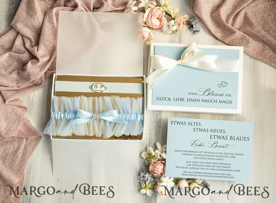 BRIDE bolero, robes, garter Geschenkidee für die Braut Strumpfband Strumpfband – die besondere Geschenkidee für die Braut getrockneten Vergissmeinnicht-Blüte