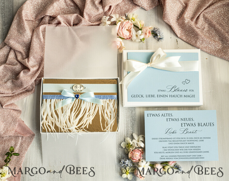 BRIDE bolero, robes, garter Geschenkidee für die Braut Strumpfband Strumpfband – die besondere Geschenkidee für die Braut getrockneten Vergissmeinnicht-Blüte