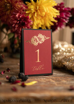 TABLE DECOR SIGNS romantic Elegant Burgundy And Black Wedding table numbers, Handmade Golden Shine Wedding Cards, Golden Floral Boho Table Décor, Custom Glamour Maroon Wedding Table Sign4