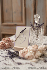 TABLE DECOR SIGNS romantic Delicate Lilac Wedding Table Numbers with Purple Twine, Handmade Ivory And Purple Wedding Table Cards With Lavender, Custom Boho Floral Wedding Table Décor     1