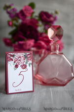 TABLE DECOR SIGNS romantic Romantic White And Red Wedding Table Numbers, Elegant Handmade Floral Wedding Décor, Custom Minimalistic White Table Cards, Luxury Marsala Wedding Table Signs 1