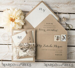 HOCHZEITS EINLADUNGEN rustikal / Landhausstil / Shabby Chic Rustikale Hochzeitseinladungen mit Vintage-Spitze und Holzherz Bastelumschlag Einfache elegante Schreibwaren7