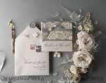 WEDDING INVITATIONS vintage lace/ rustic lace Vintage Lace  Wedding Invitations Elegant Grey Ivory ribbon and Bow 14